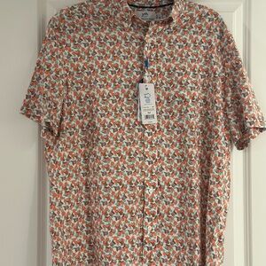 Southern Tide Men’s Short-Sleeve Button-Up Shirt in White, Orange & Green